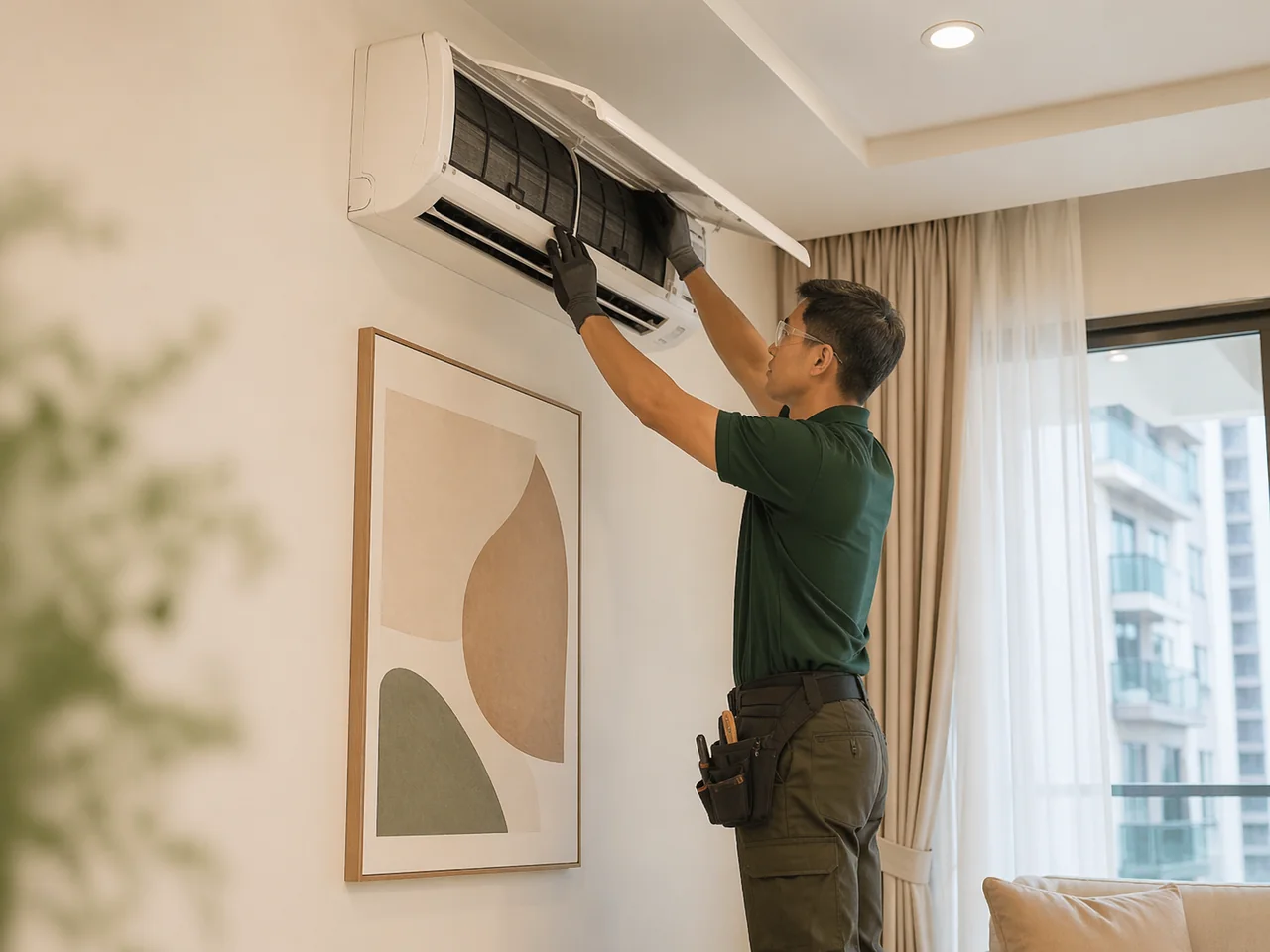 Technician servicing air conditioner in a modern home in Kuala Lumpur