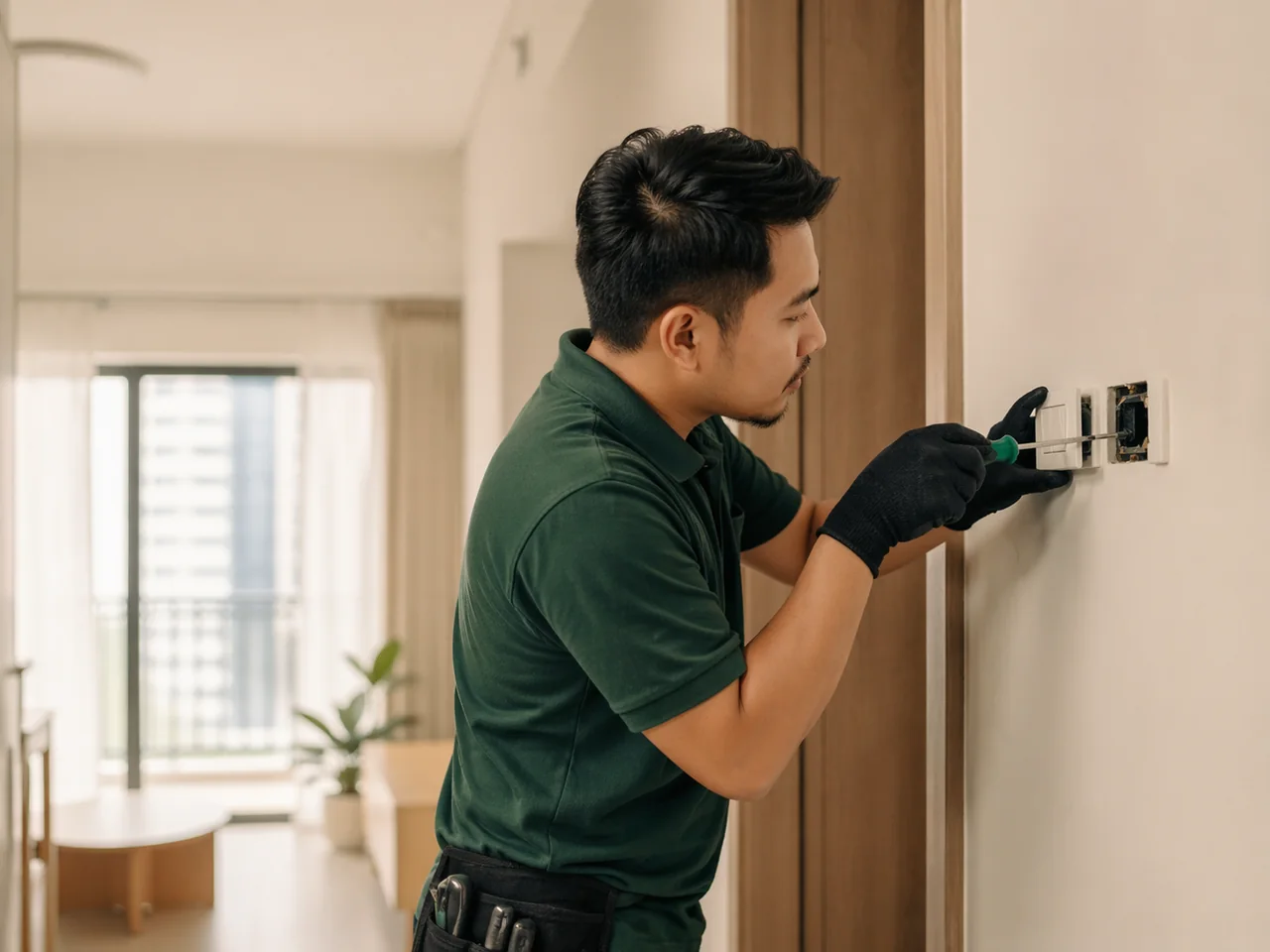 Handyman repairing wall switch and electrical fitting in Kuala Lumpur