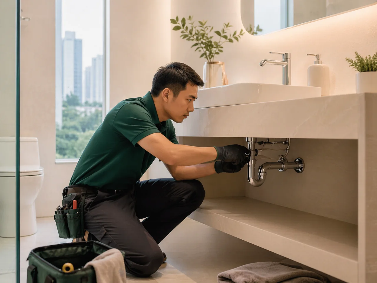 Plumber repairing bathroom sink plumbing in Kuala Lumpur